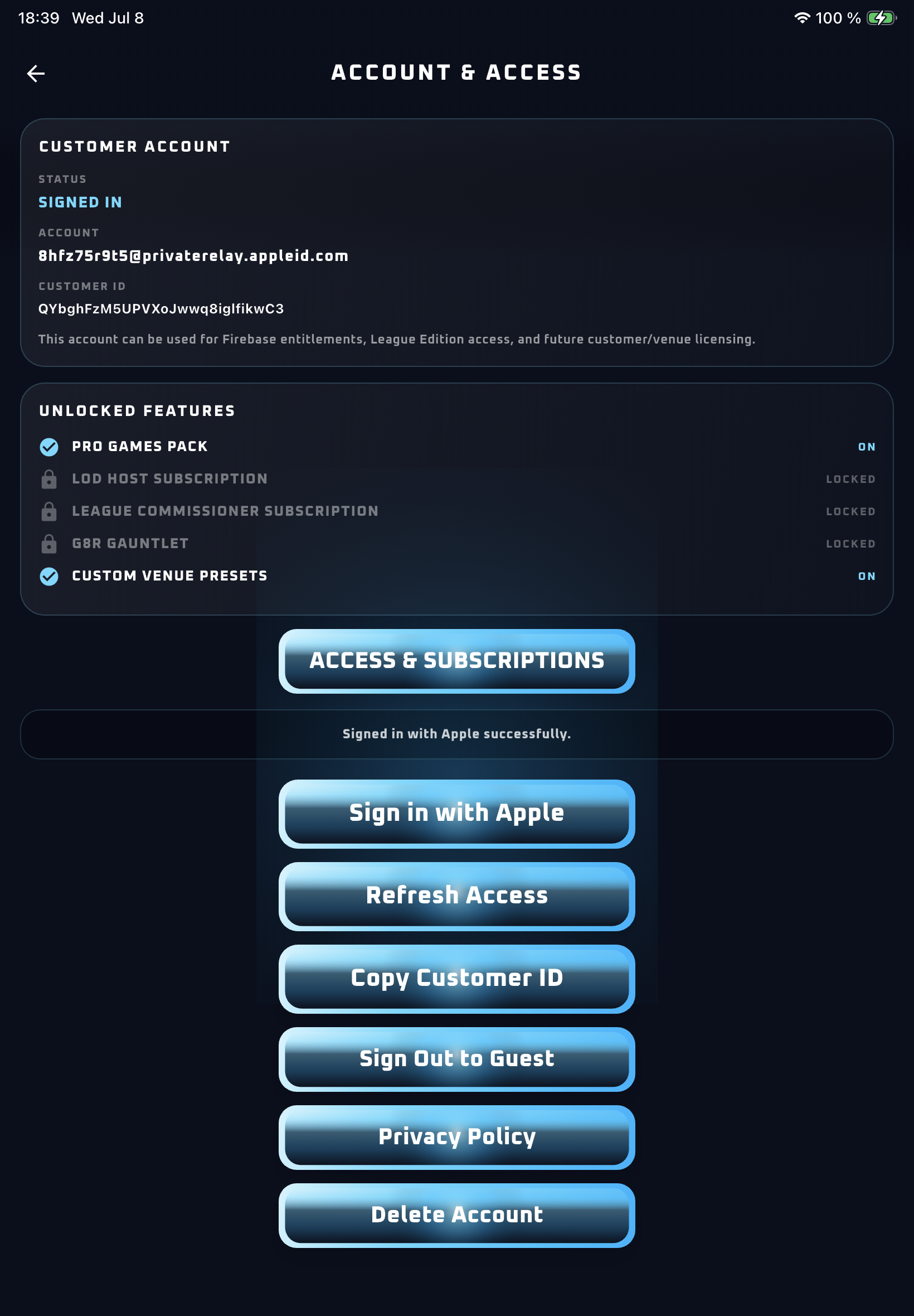 Connect the Darts account and access screen